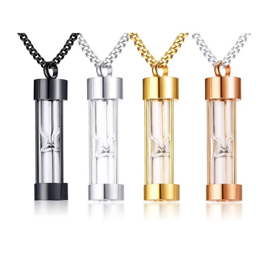 Hourglass glass urn necklace in black, silver, gold, and rose gold stainless steel.