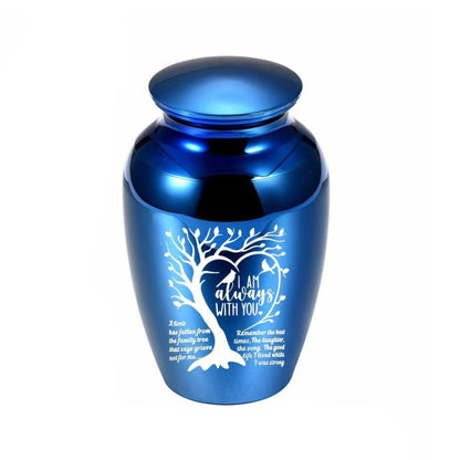 Blue “I Am Always With You” Tree of Life heart engraved mini pet keepsake urn on white background