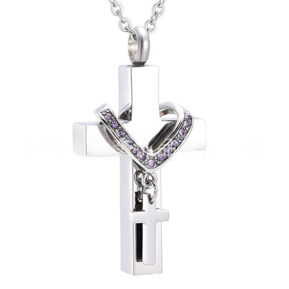 Stainless Steel Cross Urn Necklace – 12 Birthstone Crystal Cross Pendant, Memorial Cremation Jewelry (22" Chain)