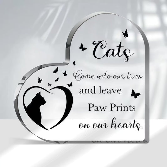 “Cat memorial acrylic plaque with the quote 'Cats leave paw prints on our hearts' – Tribute keepsake for cat loss”