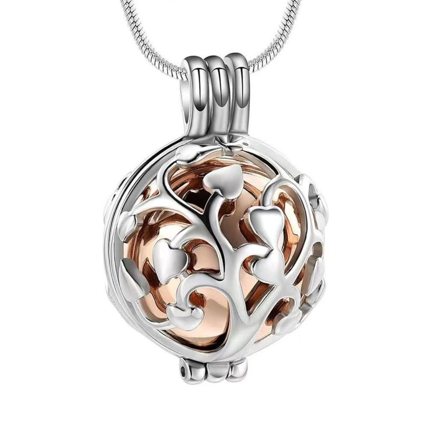 Close-up of rose gold inner sphere Tree of Life hollow memorial pendant necklace on chain