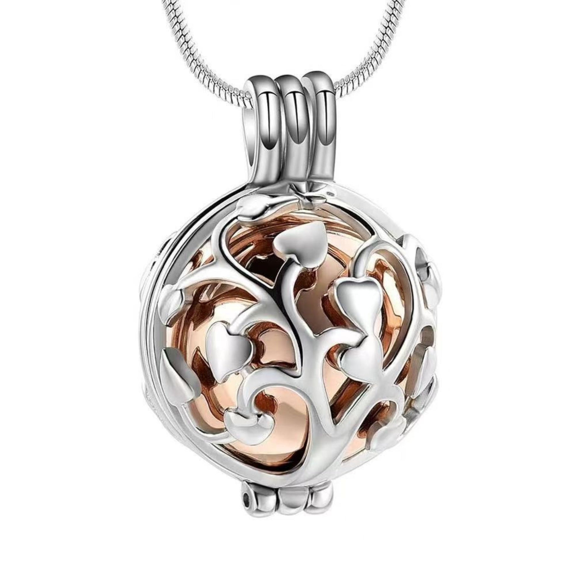 Close-up of rose gold inner sphere Tree of Life hollow memorial pendant necklace on chain