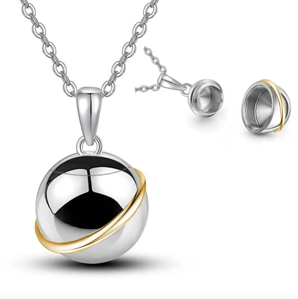 Premium 316L stainless steel planet pet urn necklace showing the spherical keepsake pendant and secure threaded screw closure.