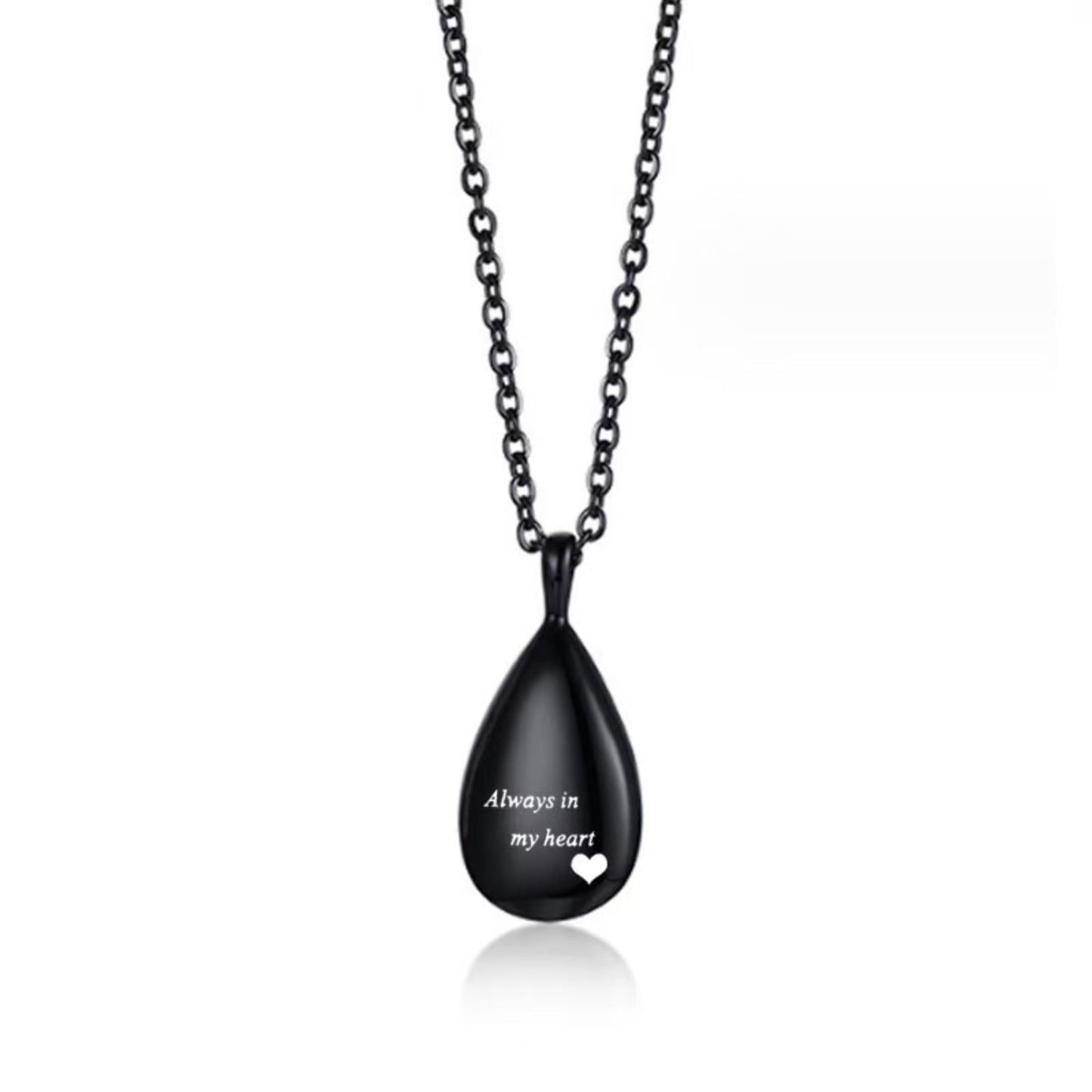 Black teardrop urn pendant opened to show screw-top compartment and closure detail