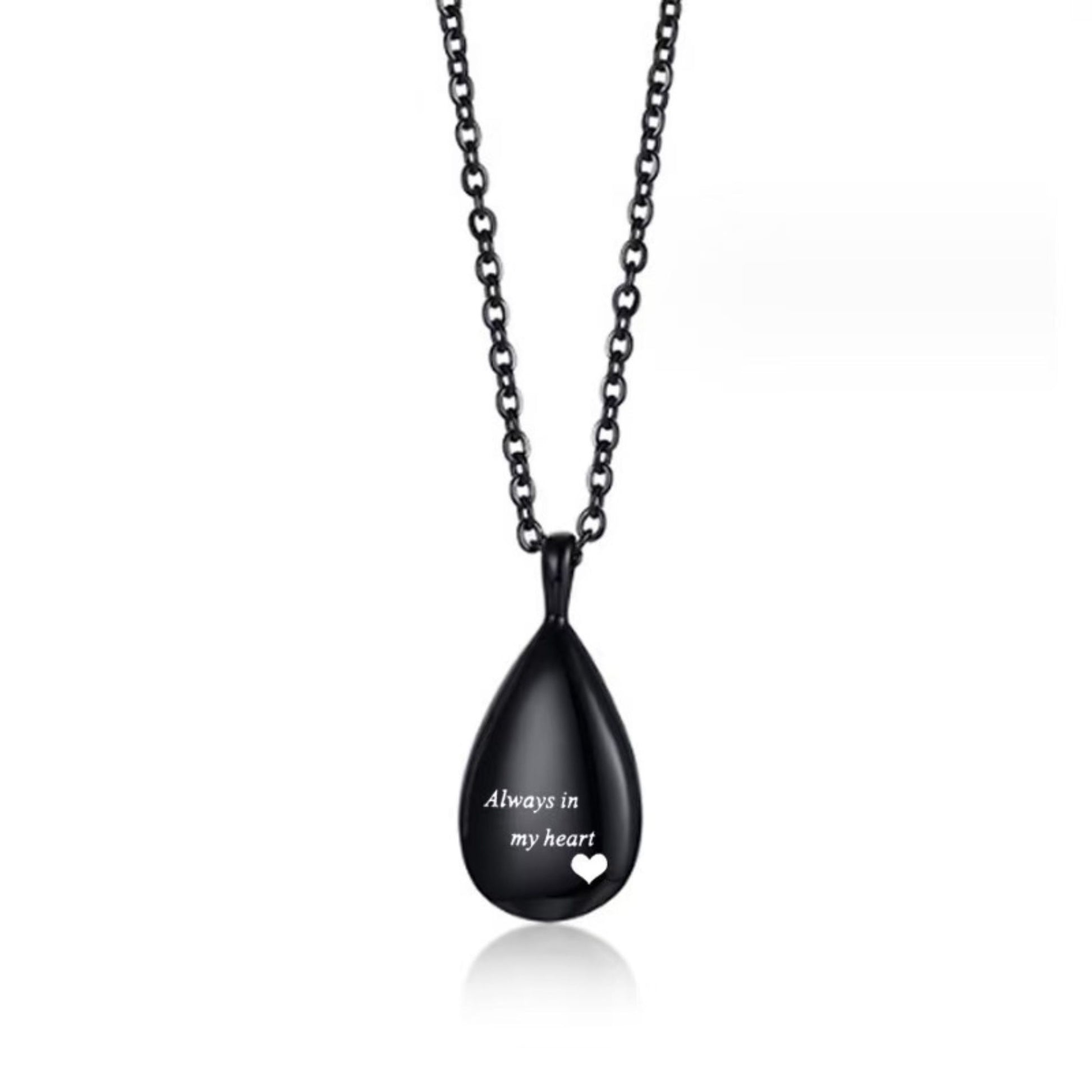 Black teardrop urn pendant opened to show screw-top compartment and closure detail