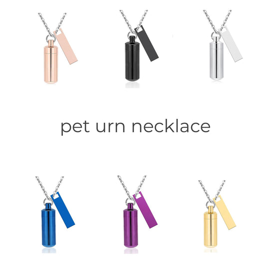 Six-color alloy capsule pet urn necklace set with matching tags on silver chain