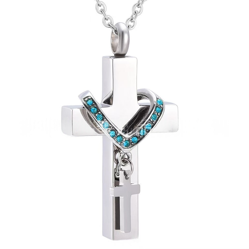 March,Stainless steel cross urn pendant with  birthstone crystal accents, memorial cremation jewelry