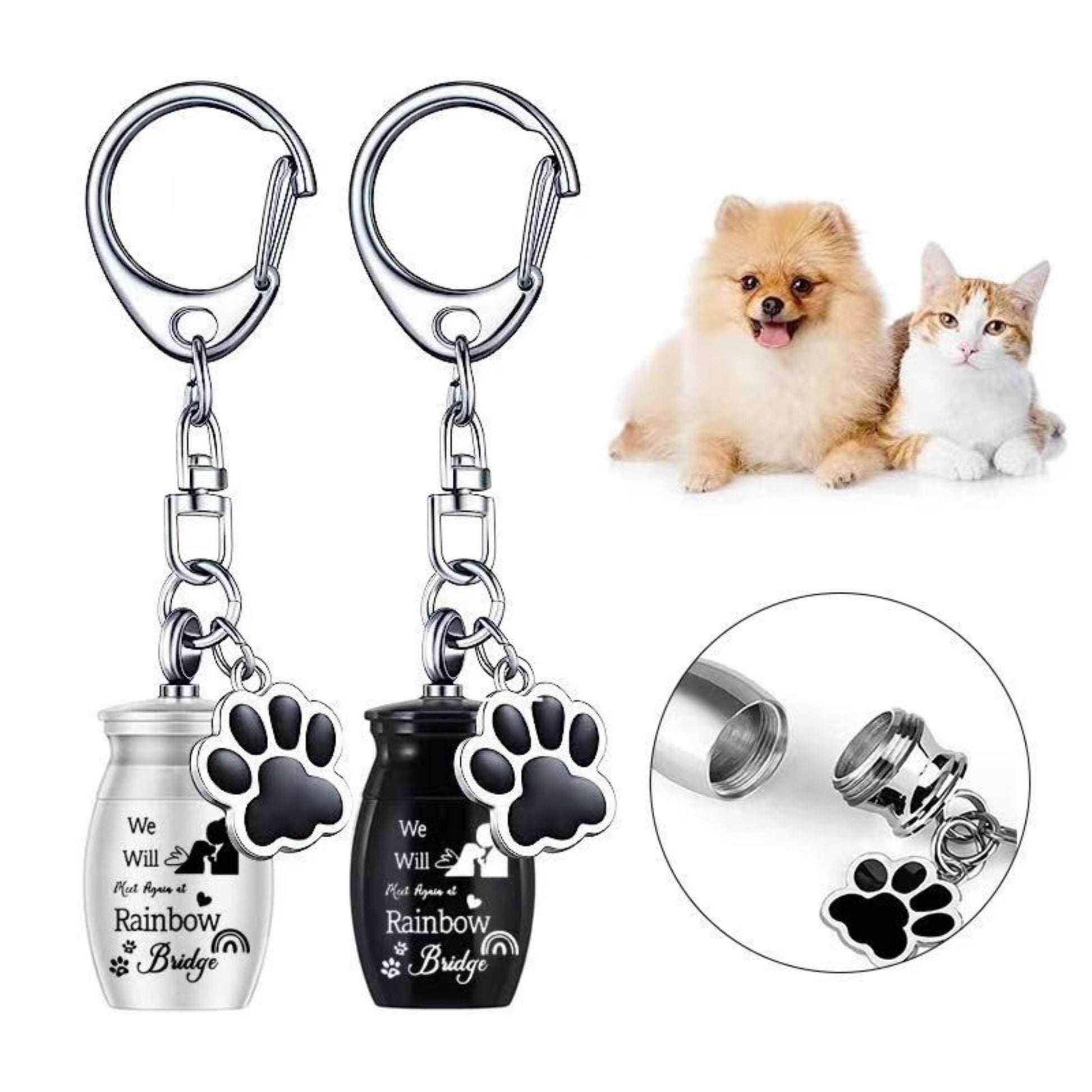 Silver and black pet memorial urn keychain variants with paw charm, screw-top cremation keepsake keyring for dogs and cats
