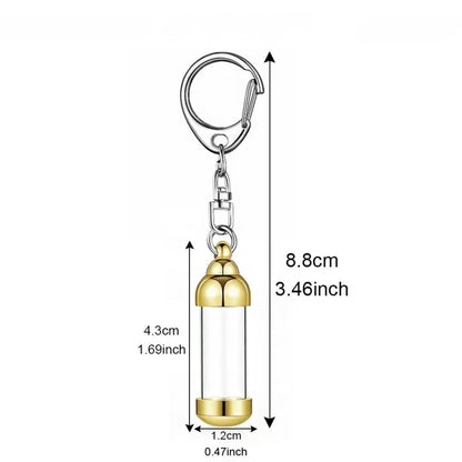 Product size chart for transparent cylinder pet memorial ashes keychain urn showing 8.8 cm total length and 4.3 cm pendant size