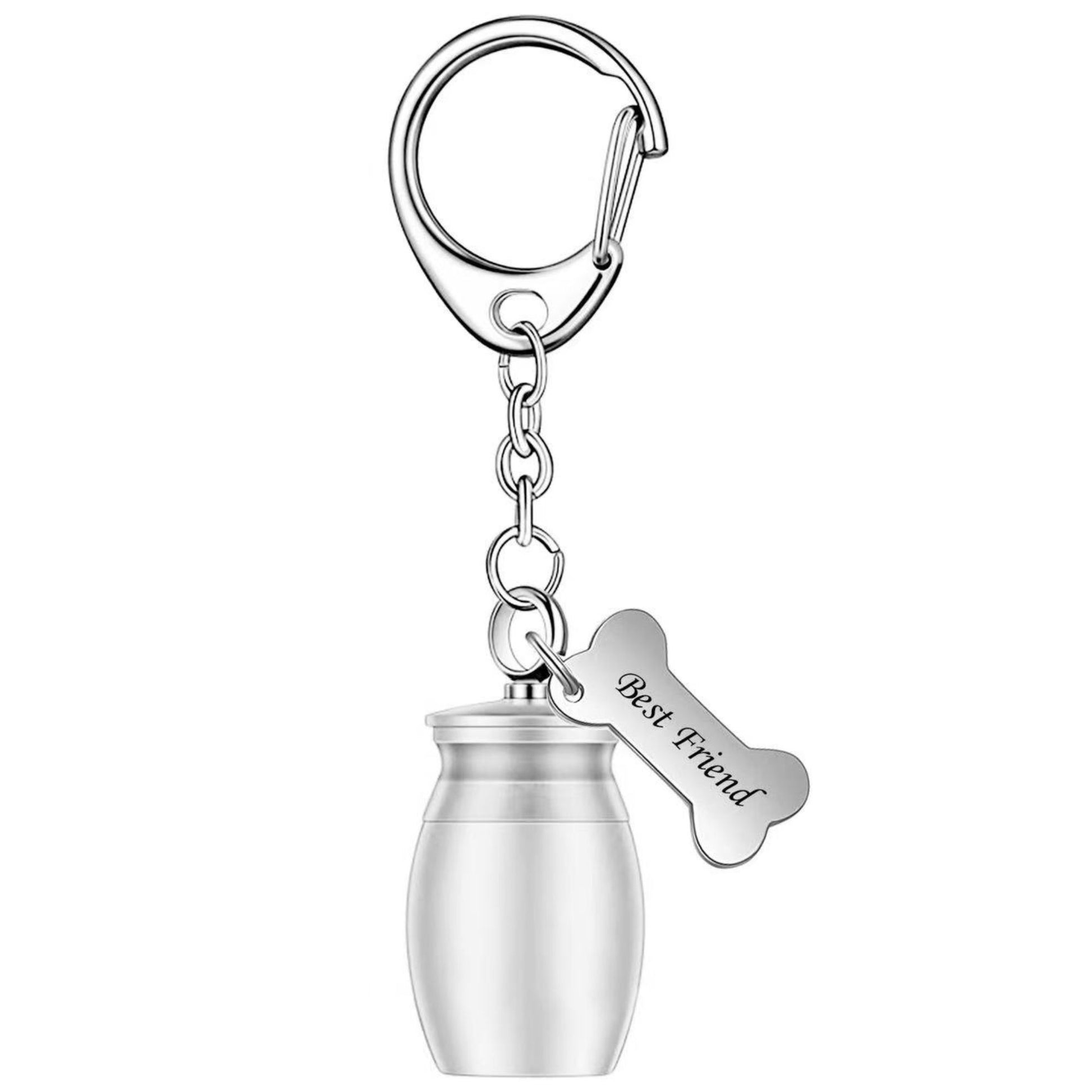 Single silver mini pet memorial urn keychain on white background with bone charm and lobster clasp keyring.