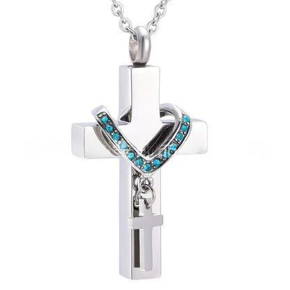 Stainless Steel Cross Urn Necklace – 12 Birthstone Crystal Cross Pendant, Memorial Cremation Jewelry (22" Chain)