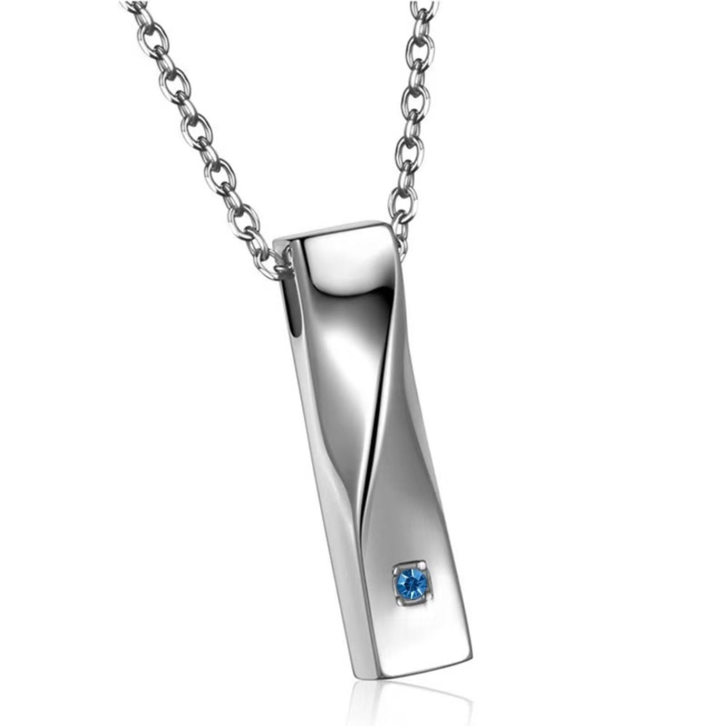 Birthstone color example (March) crystal on twisted stainless steel bar urn necklace