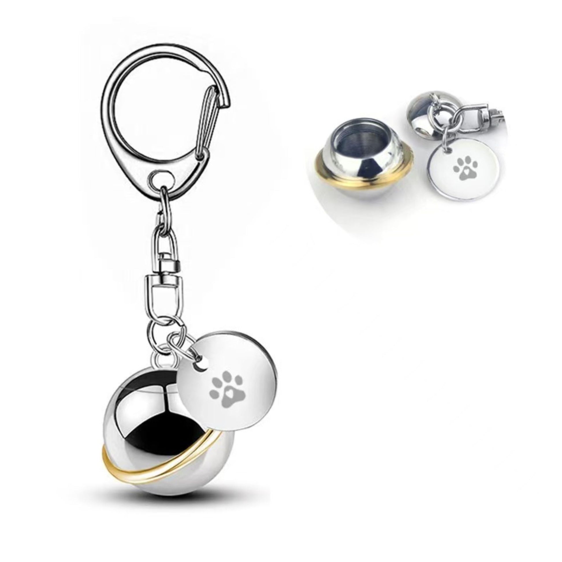 Stainless steel round planet pet urn keychain with paw charm, silver and gold accent