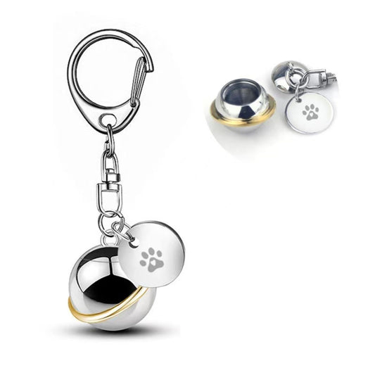 Stainless steel round planet pet urn keychain with paw charm, silver and gold accent