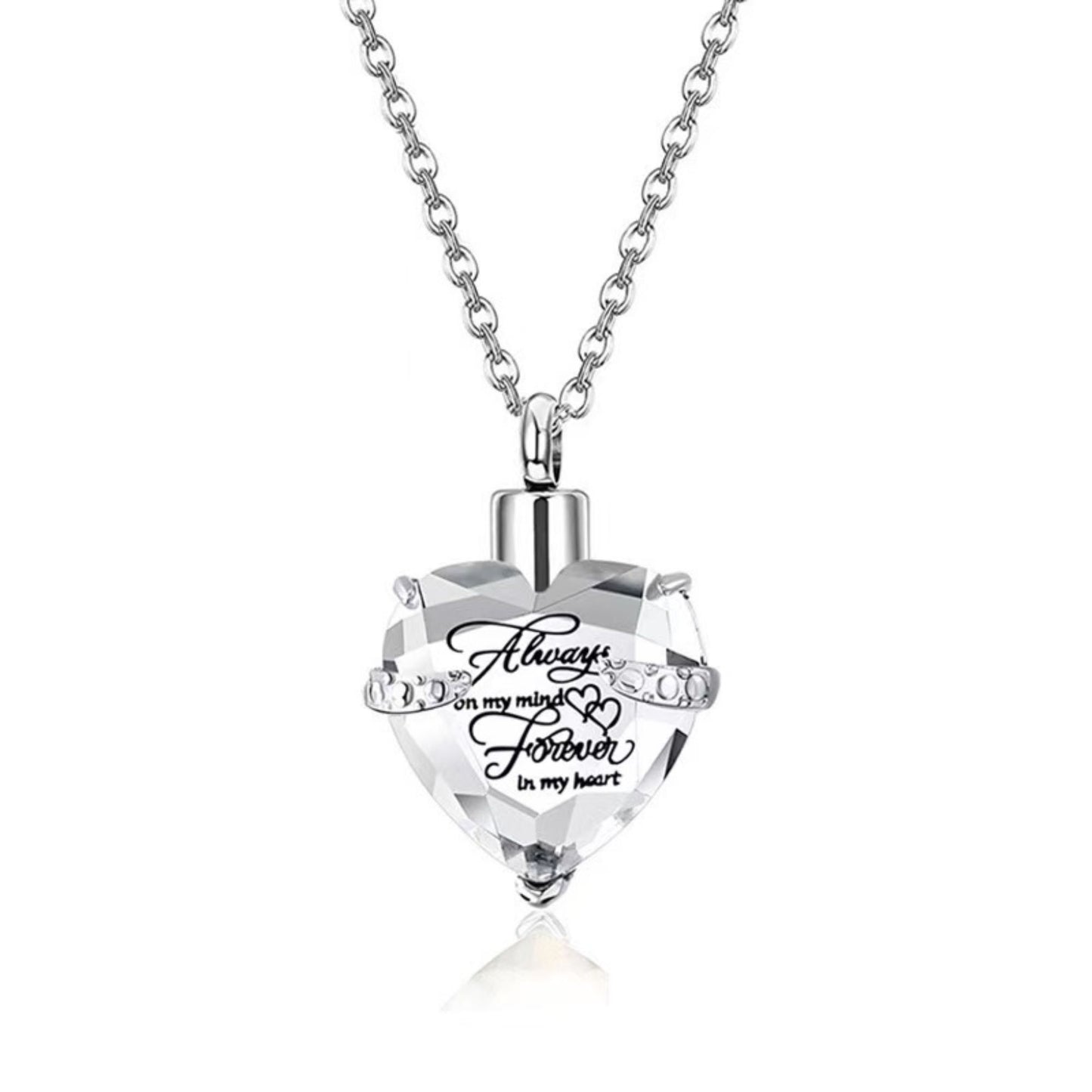 April： Birthstone heart crystal urn necklace pendant on chain, memorial keepsake jewelry for pet loss