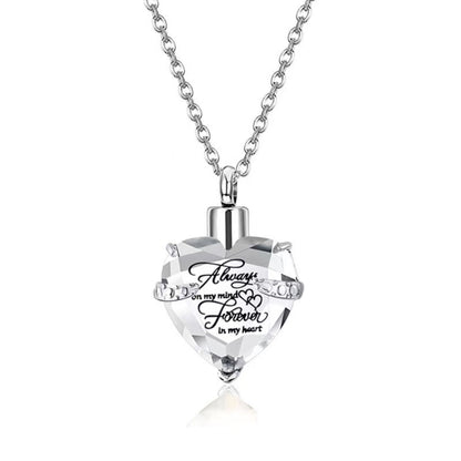 April： Birthstone heart crystal urn necklace pendant on chain, memorial keepsake jewelry for pet loss