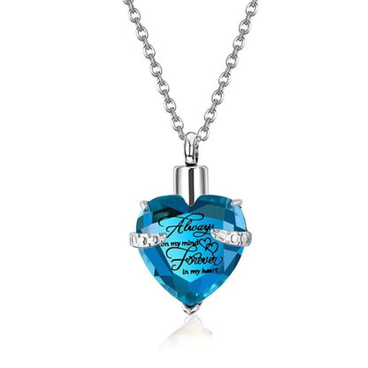 Heart Birthstone Crystal Urn Necklace – Stainless Steel Memorial Keepsake Pendant with Funnel Kit, 12 Color Options, 55cm Chain