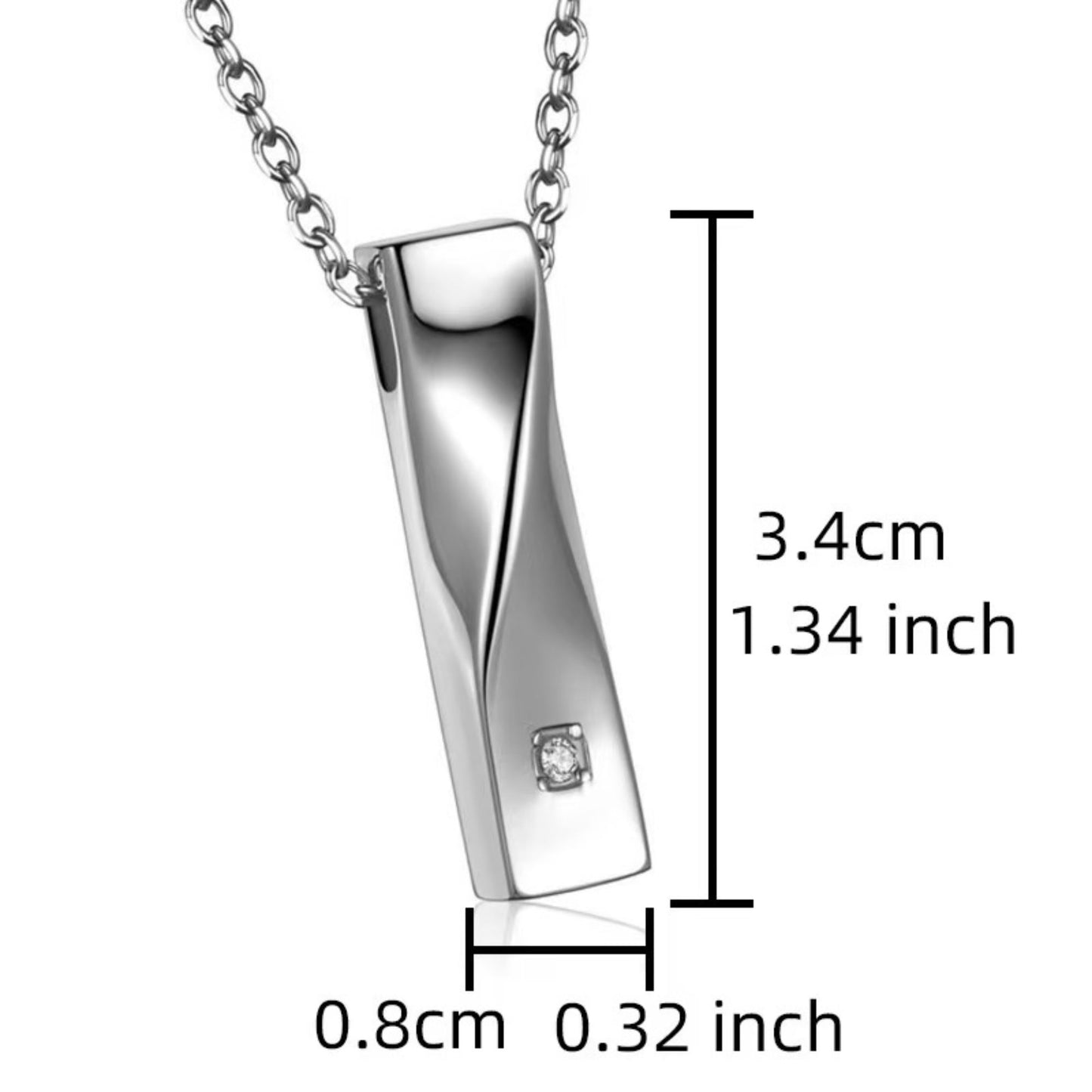 Pendant size diagram showing 3.4cm height and 0.8cm width for bar urn necklace