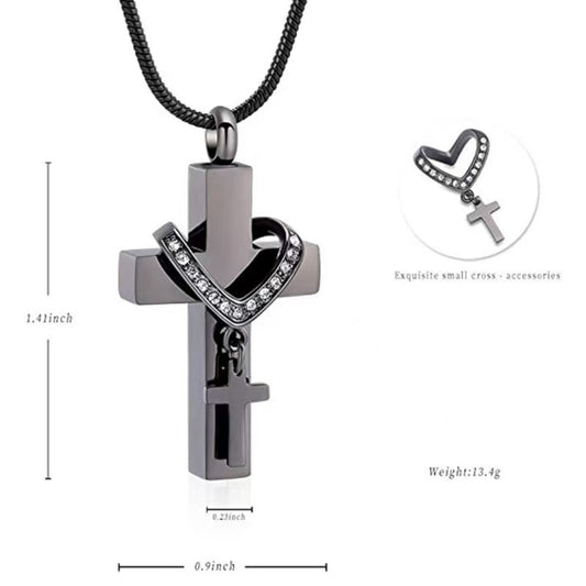 Cross urn necklace size guide showing 1.41 inch height, 0.9 inch width, and 0.23 inch thickness