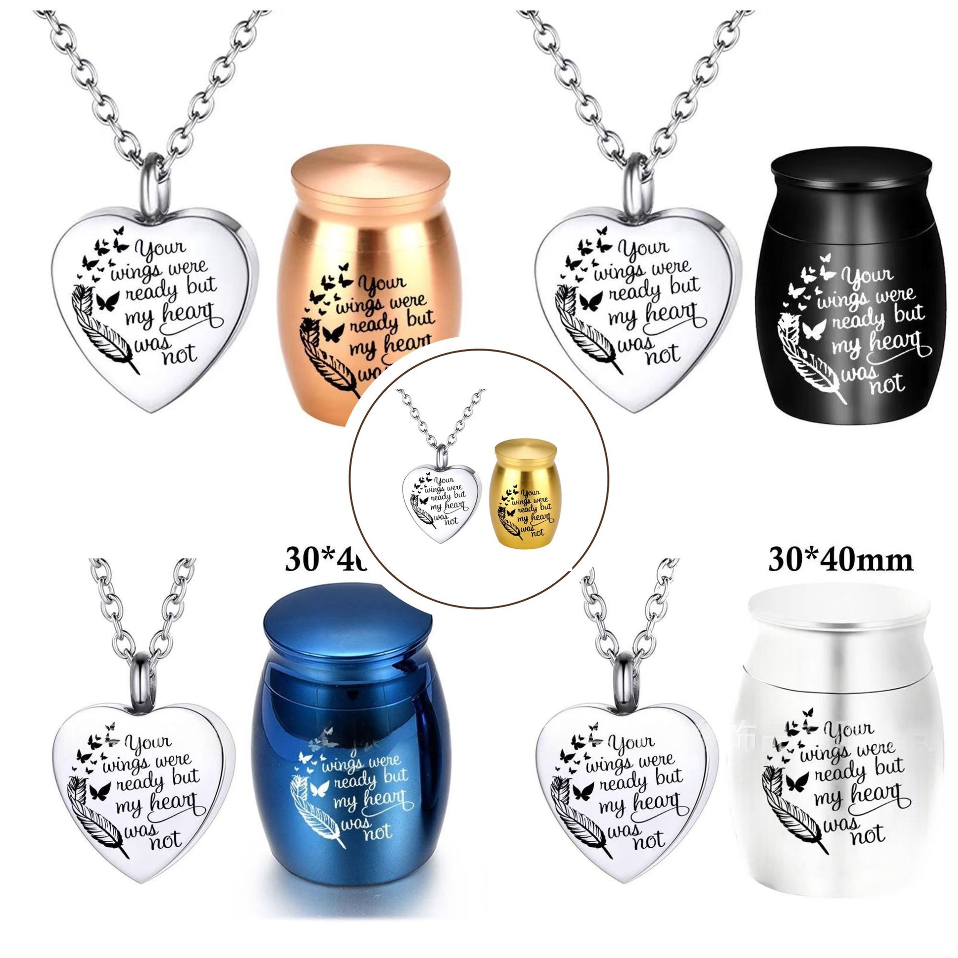 Pet memorial set with heart cremation necklace and mini keepsake urn in multiple colors, “Your wings were ready but my heart was not”