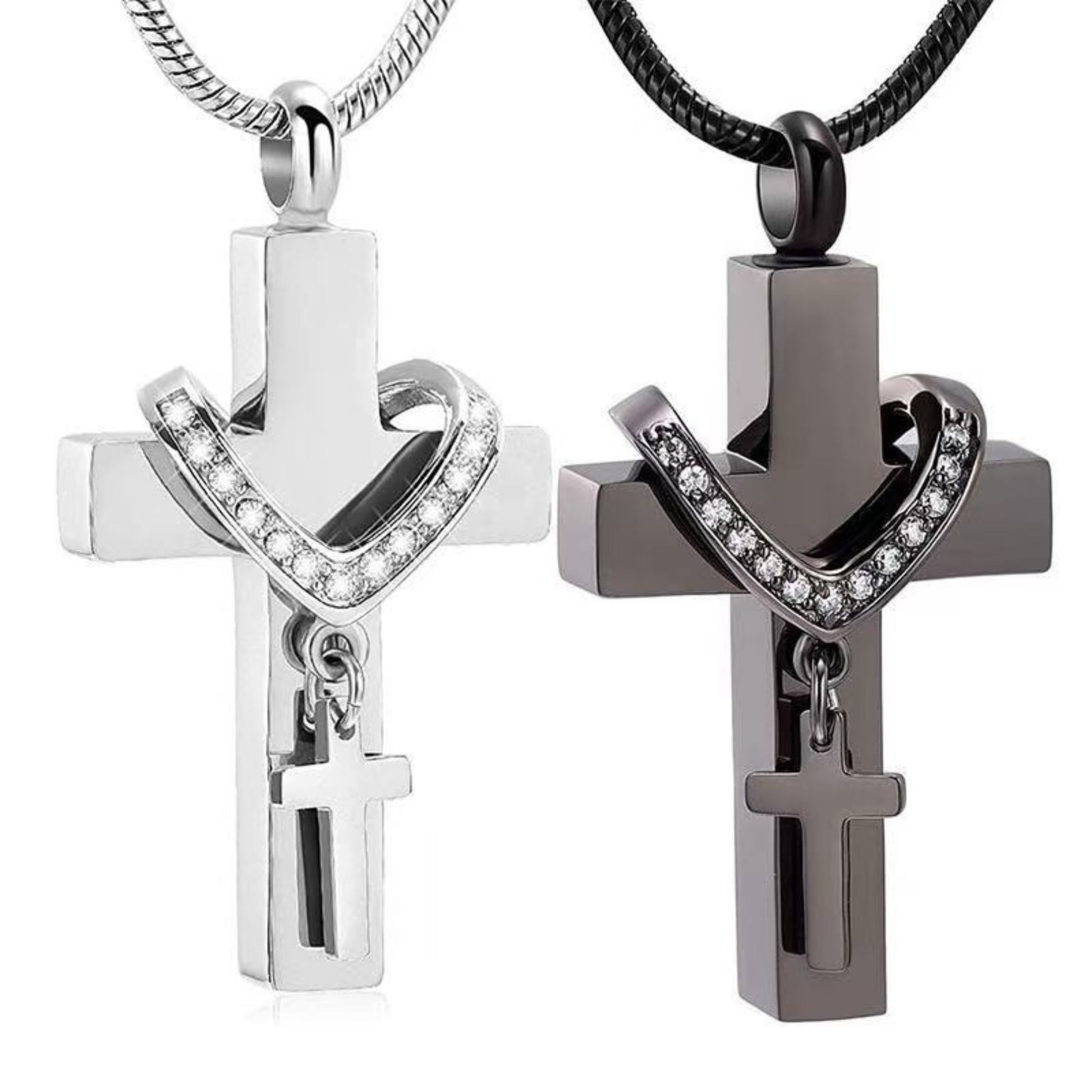 Silver and black stainless steel cross pet urn necklace with heart accent and mini cross charm