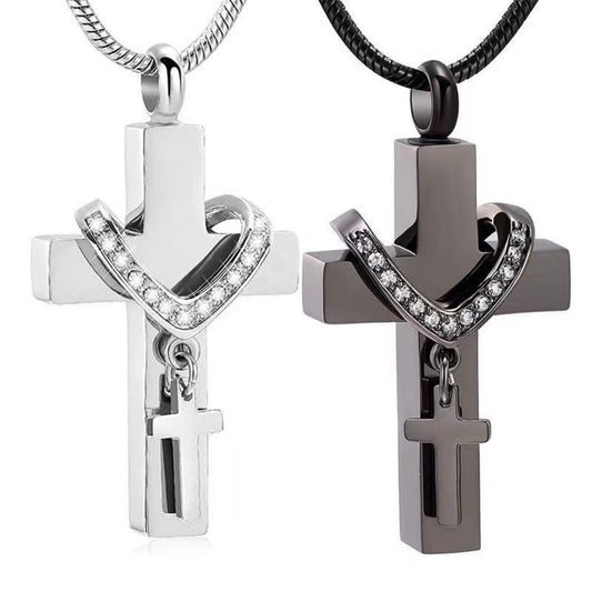 Silver and black stainless steel cross pet urn necklace with heart accent and mini cross charm
