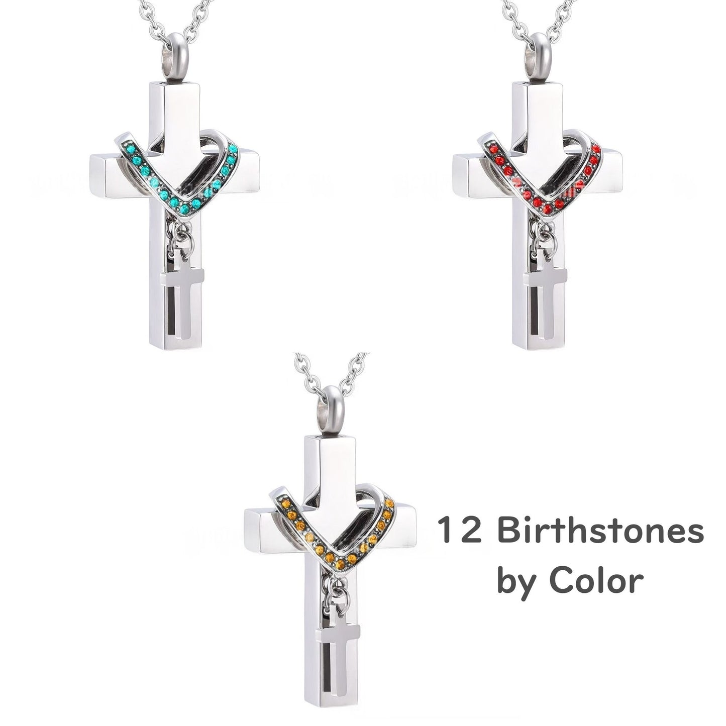Cross urn necklace with 12 birthstone color options, stainless steel memorial pendant