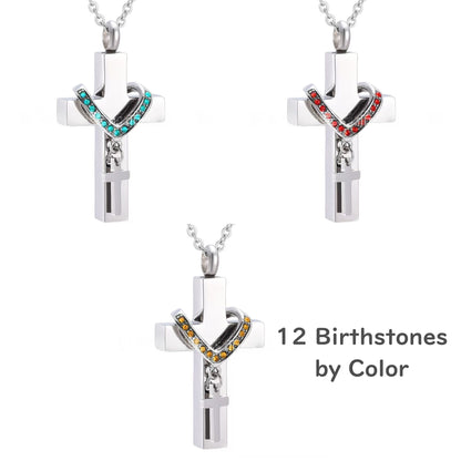 Cross urn necklace with 12 birthstone color options, stainless steel memorial pendant