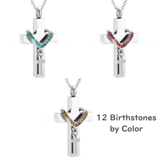Cross urn necklace with 12 birthstone color options, stainless steel memorial pendant