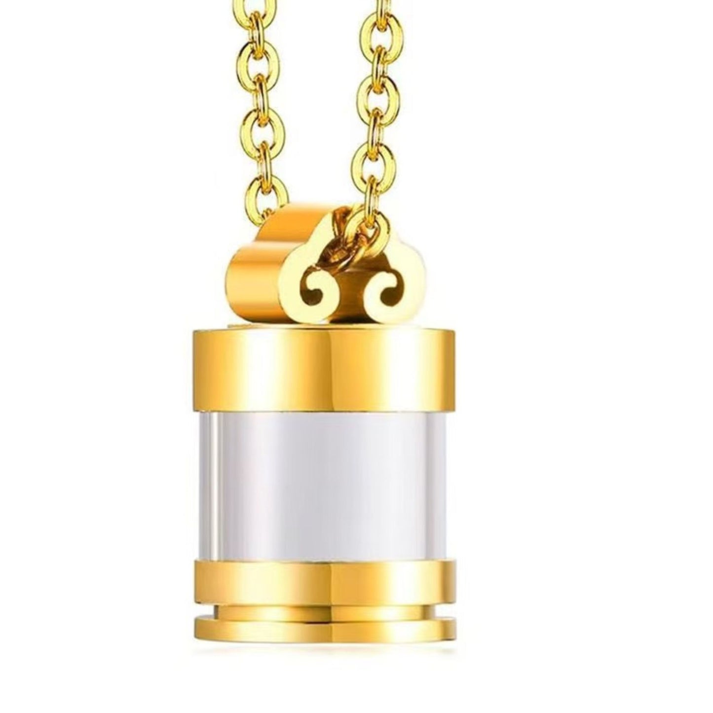 Glod clear glass urn necklace pendant front view minimal cylinder memorial design