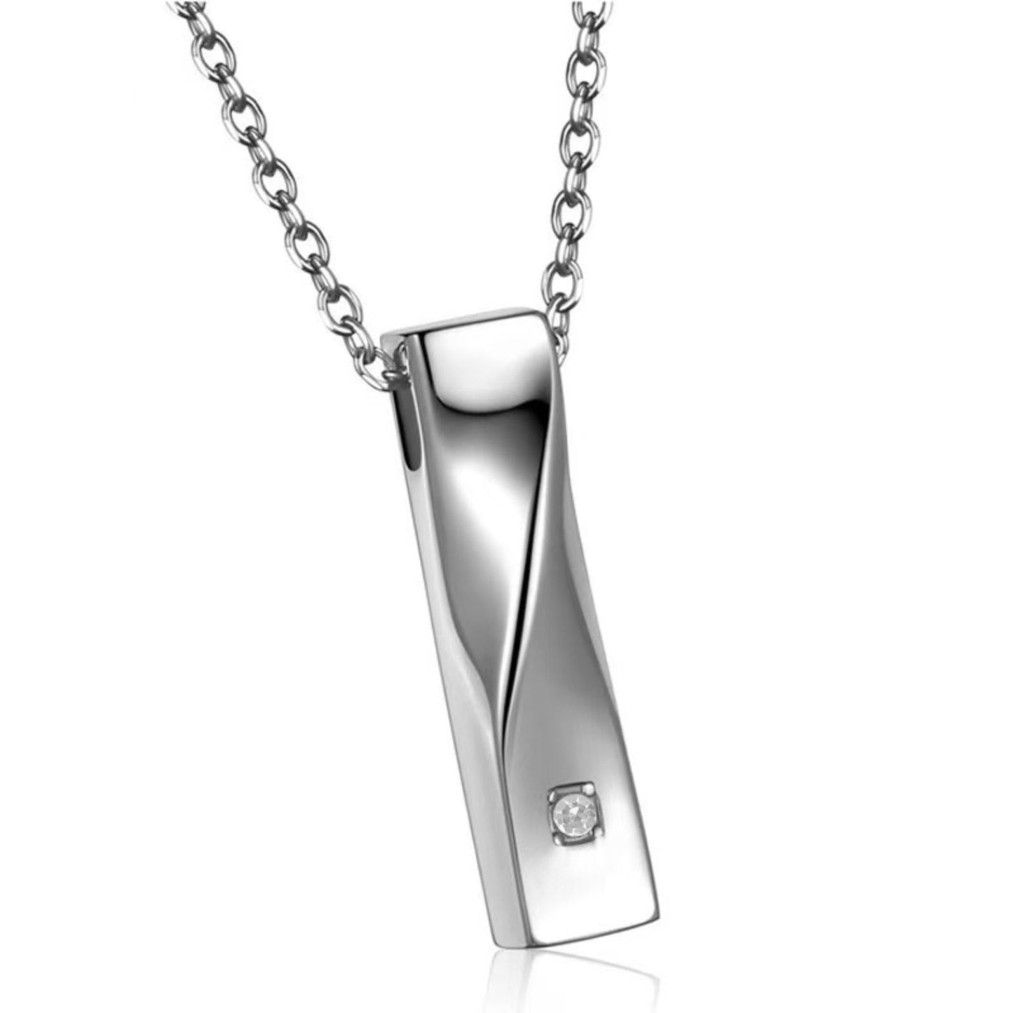 Birthstone color example (April) crystal on twisted stainless steel bar urn necklace