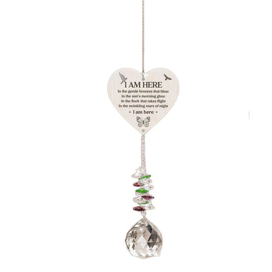 pet memorial crystal suncatcher with I Am Here poem heart ornament
