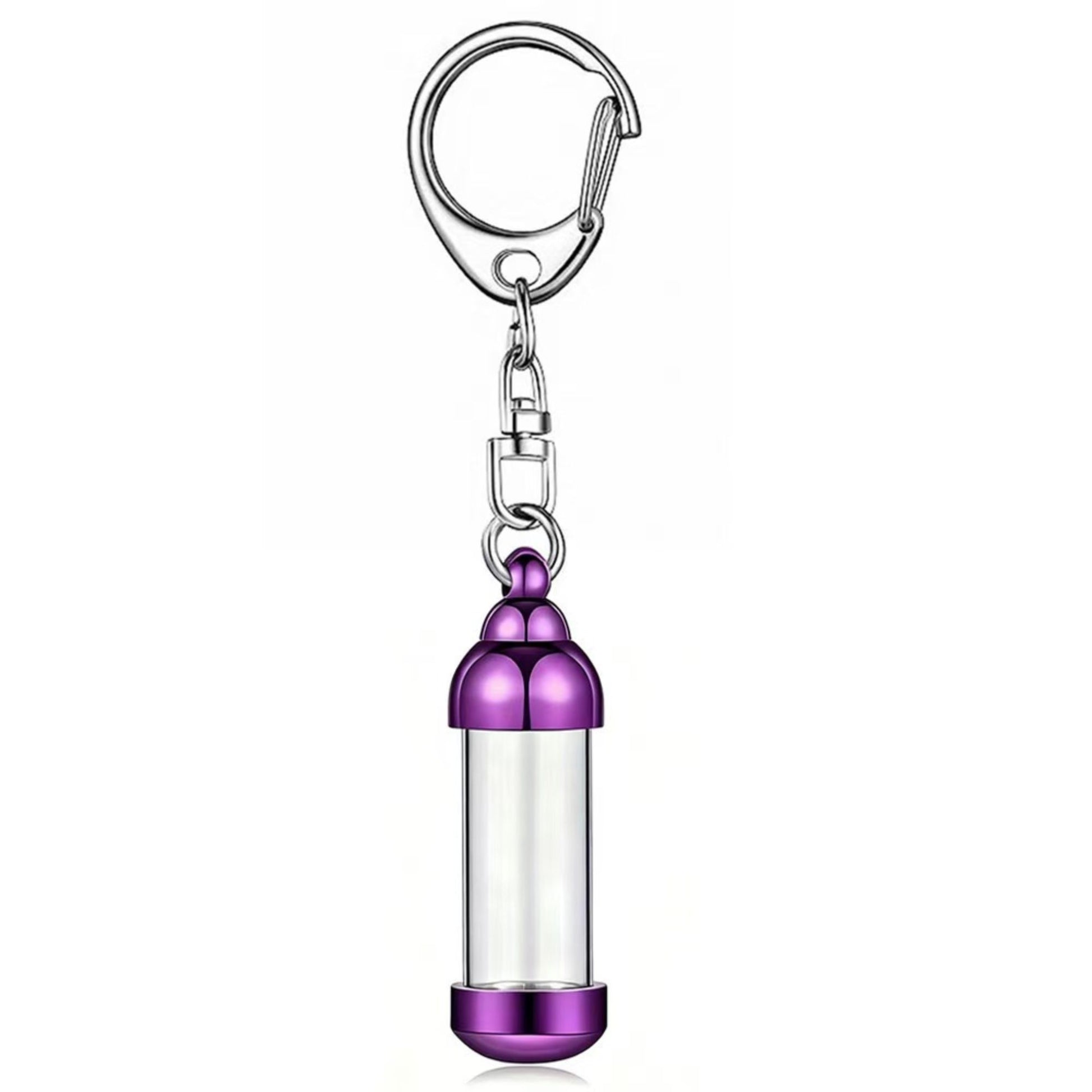 Purple aluminum alloy transparent cylinder ashes urn keychain pendant, single memorial keepsake keyring for pet remembrance