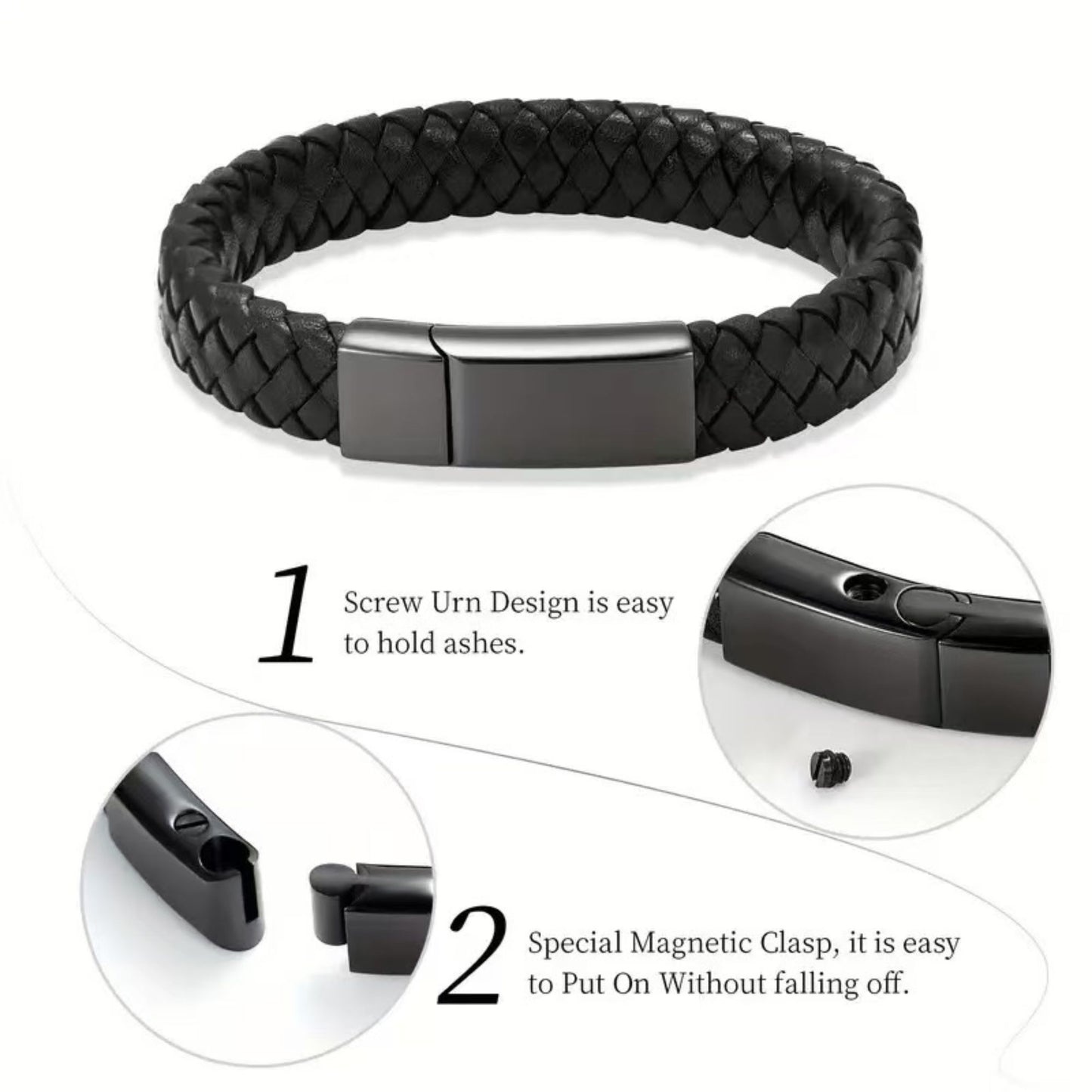 Black braided leather urn bracelet showing screw compartment for ashes and magnetic clasp