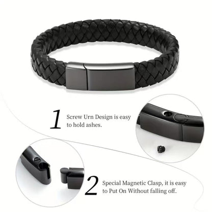 Black braided leather urn bracelet showing screw compartment for ashes and magnetic clasp
