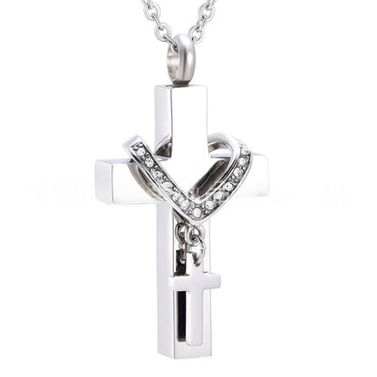 Stainless Steel Cross Urn Necklace – 12 Birthstone Crystal Cross Pendant, Memorial Cremation Jewelry (22" Chain)