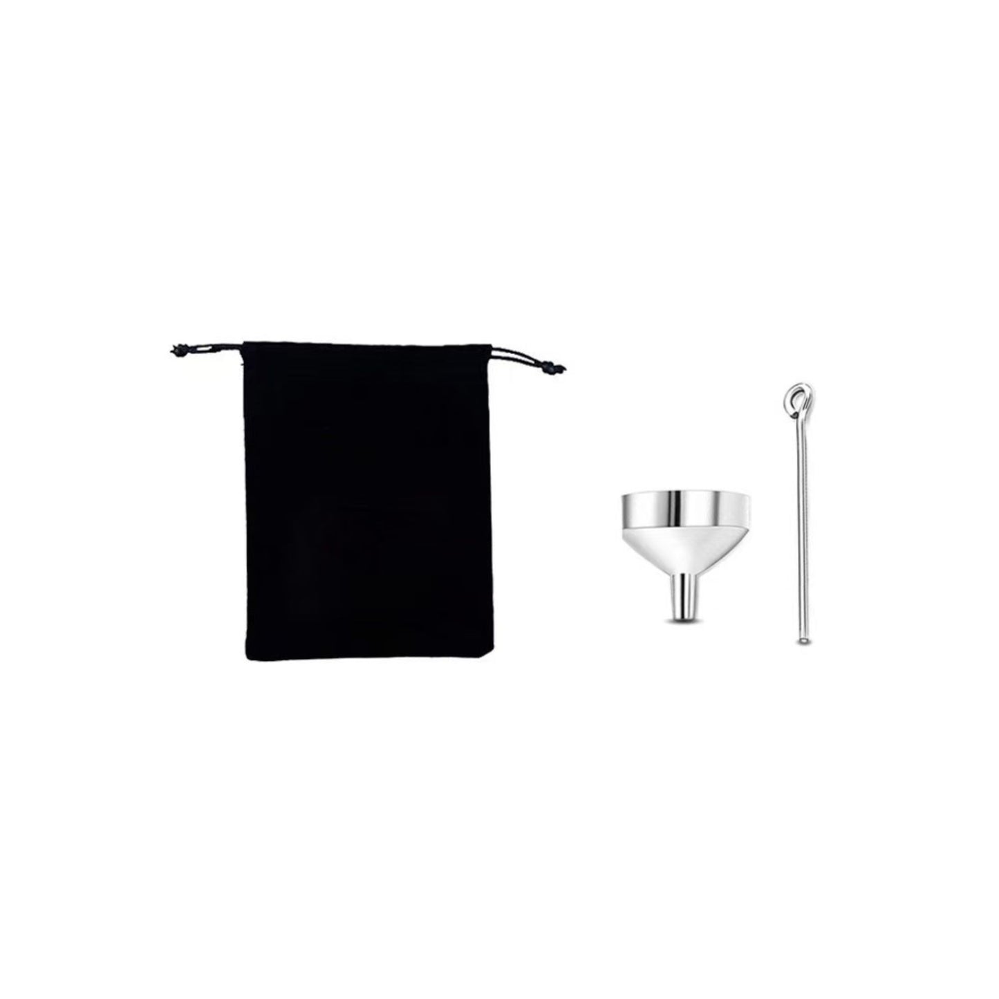 Included accessories set: black pouch, mini funnel, and pin tool for filling the urn pendant