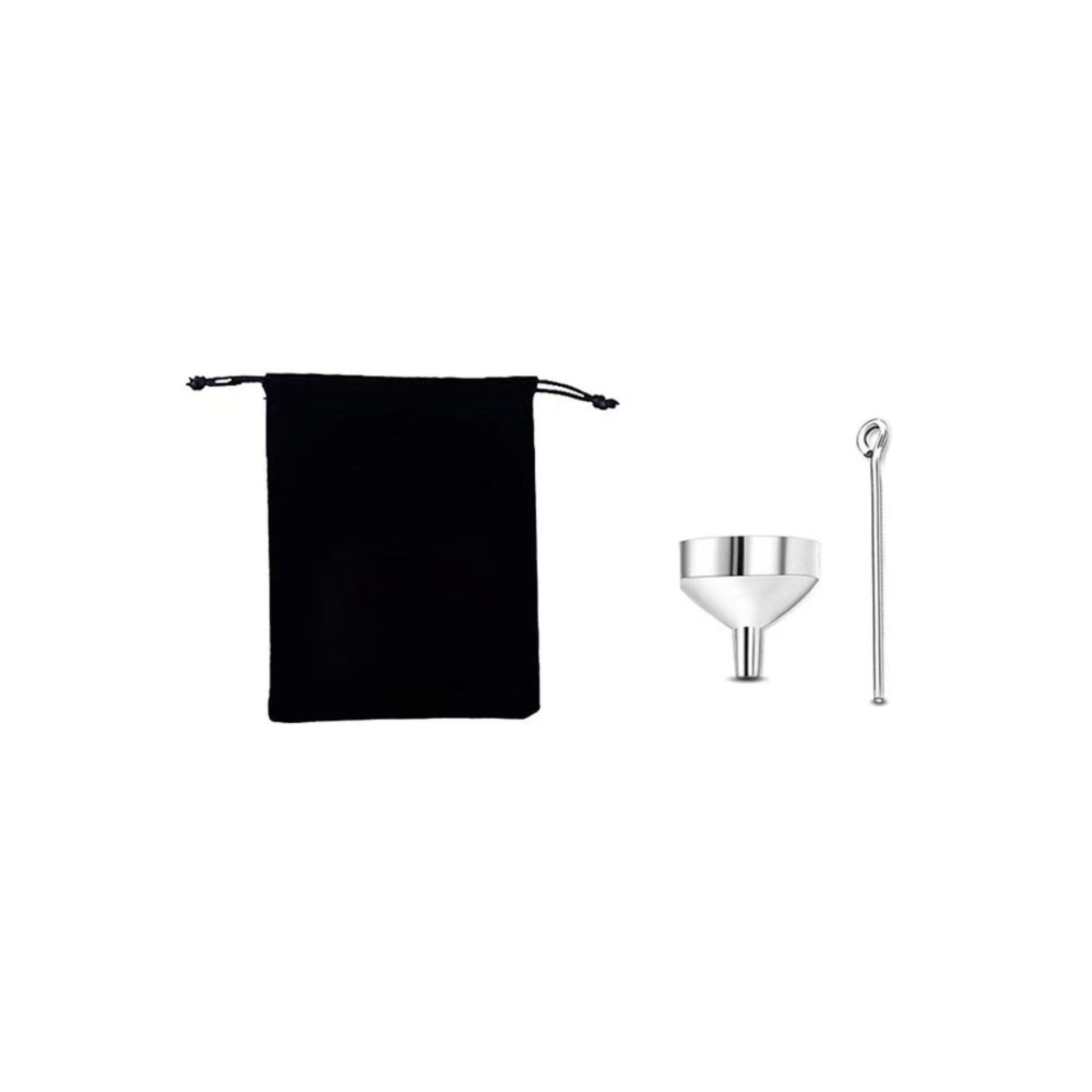 Included accessories set: black pouch, mini funnel, and pin tool for filling the urn pendant