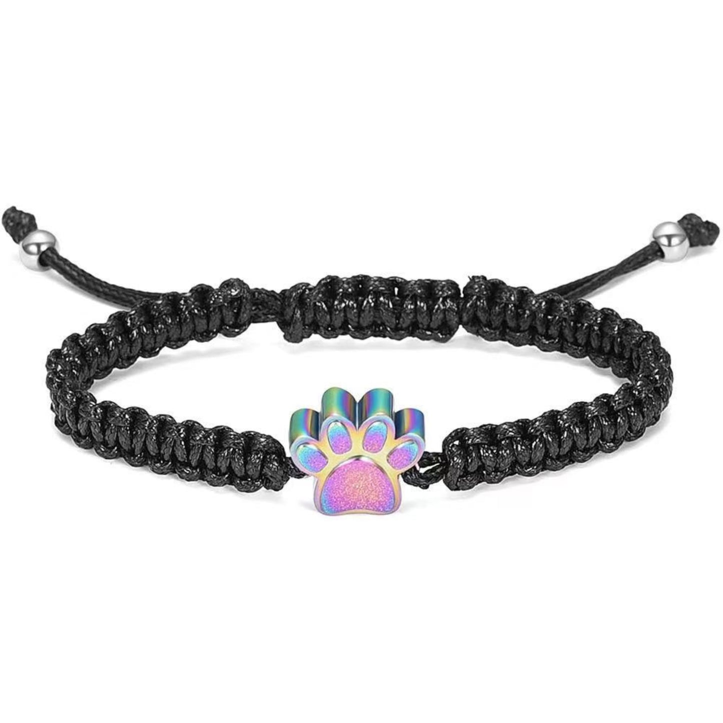 Paw Print Cremation Urn Bracelet for Ashes – Braided Memorial Keepsake, Adjustable Cord, Stainless Steel Paw Charm (6 Colors)