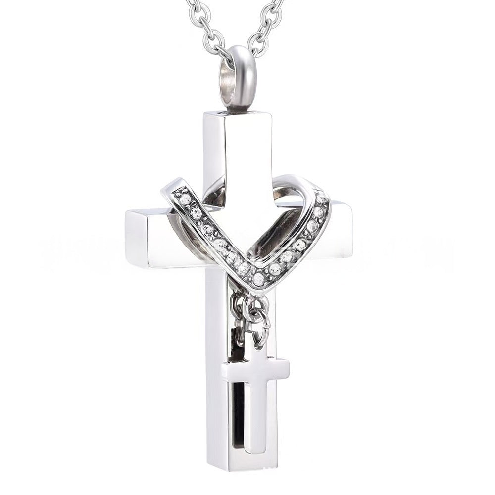 April,Stainless steel cross urn pendant with  birthstone crystal accents, memorial cremation jewelry
