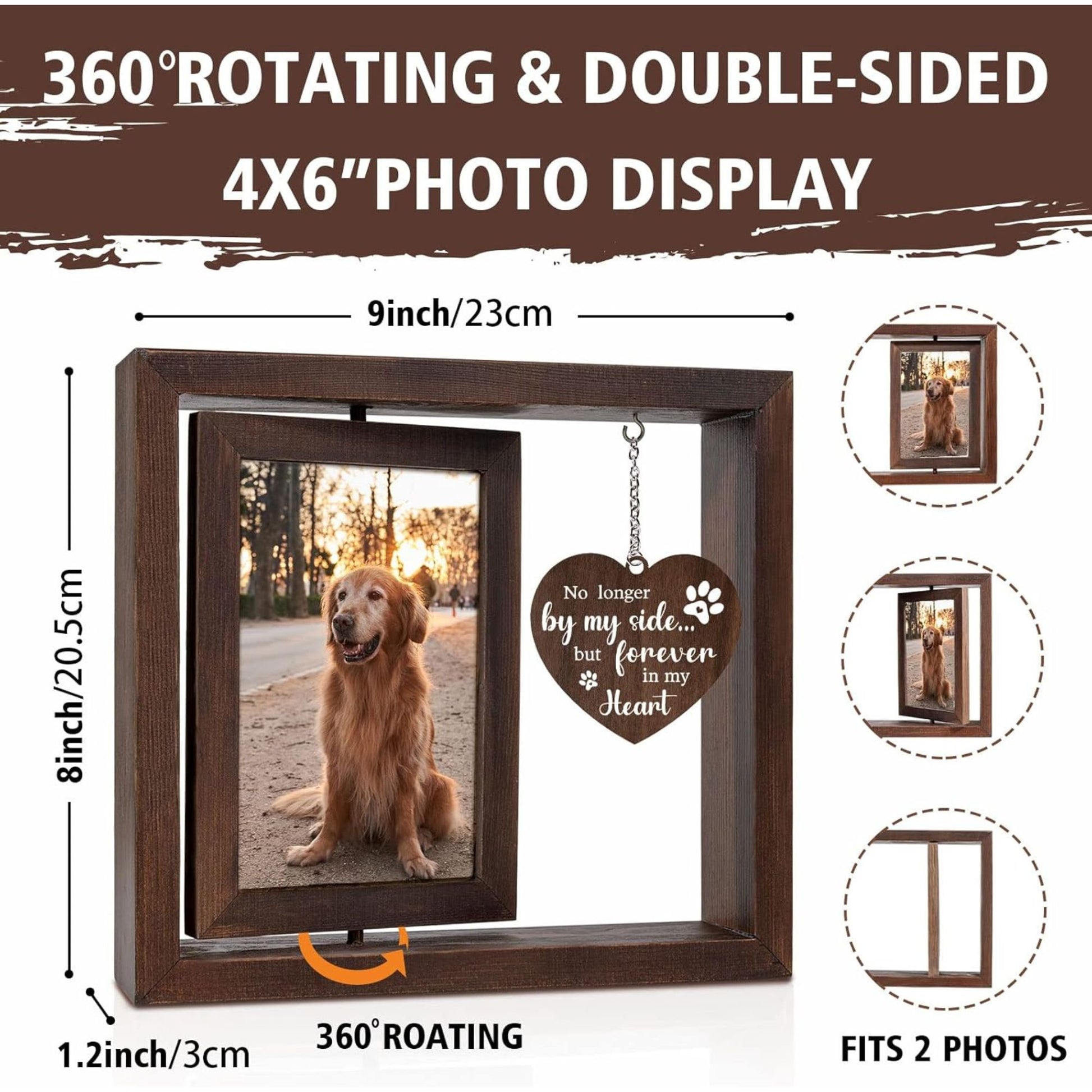 4x6 Wooden Memorial Frame Size View showing rotating double-sided dog picture frame dimensions for dog memorial gifts for loss of dog