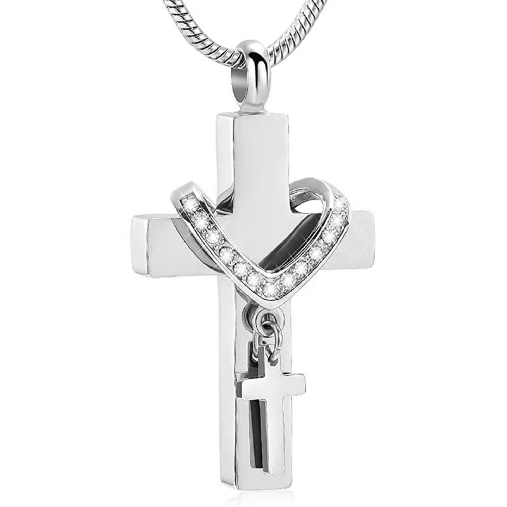 Silver stainless steel cross urn necklace pendant on snake chain, front view product photo