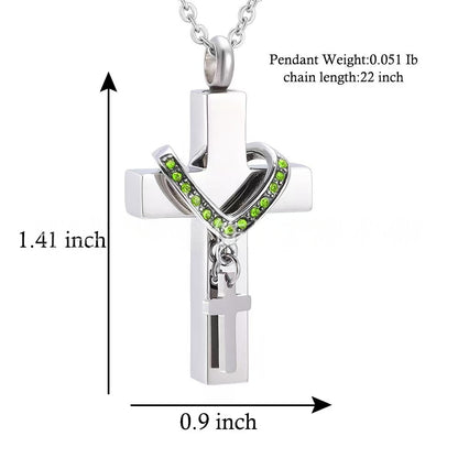 Cross urn pendant size chart showing 1.41 inch height, 0.9 inch width, 22 inch chain length
