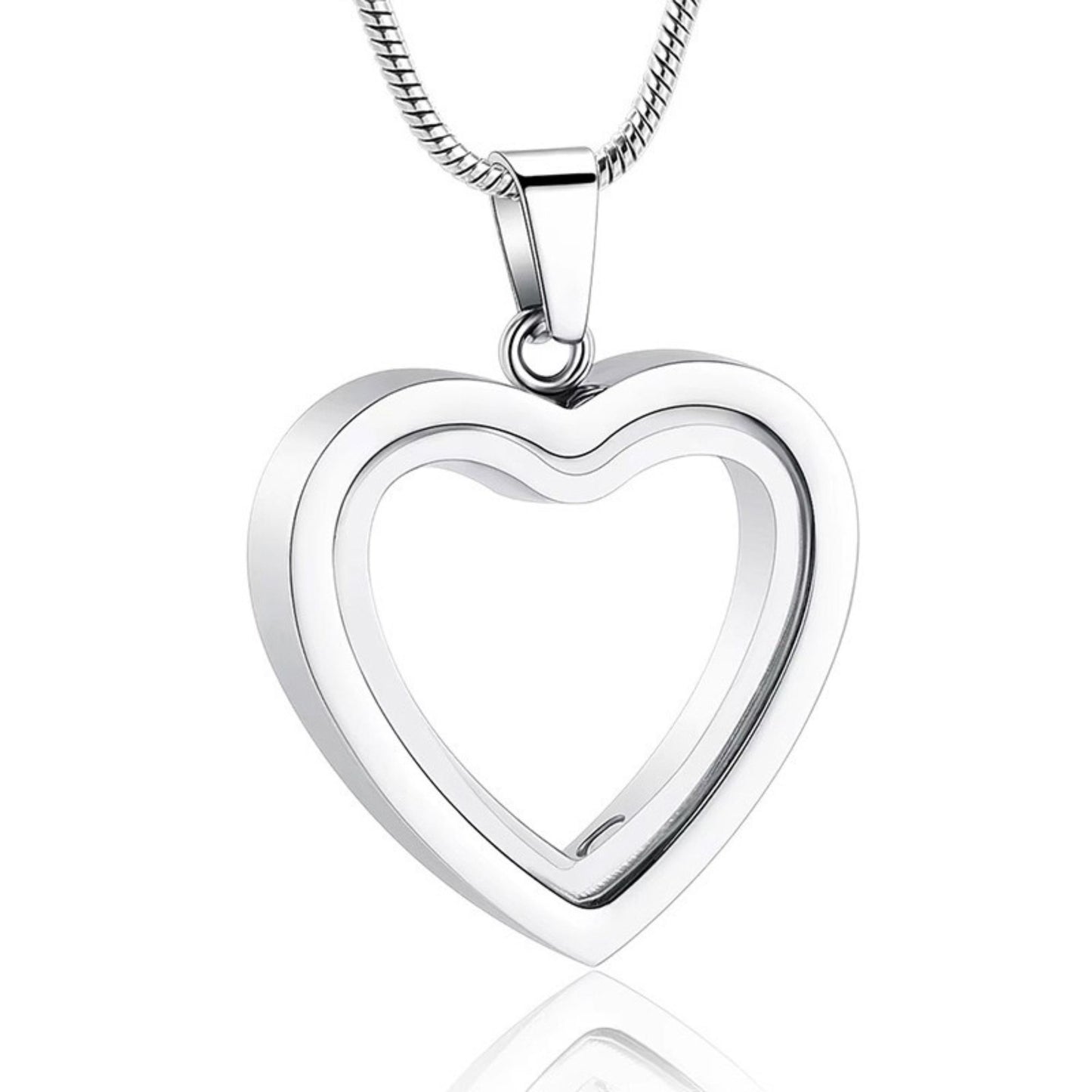 Silver stainless steel heart memorial urn necklace pendant on chain, minimalist outline design