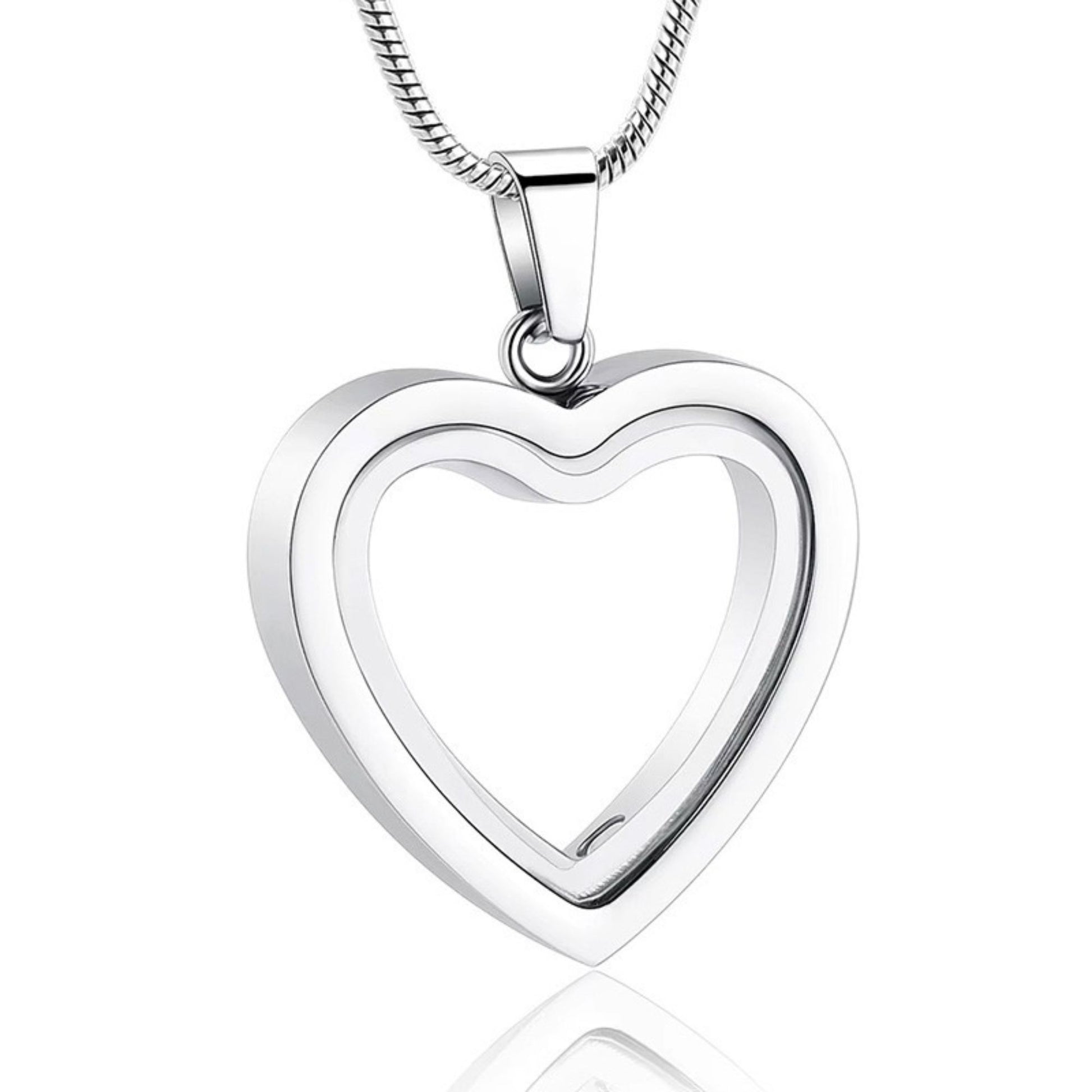 Silver stainless steel heart memorial urn necklace pendant on chain, minimalist outline design