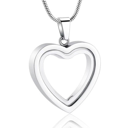 Silver stainless steel heart memorial urn necklace pendant on chain, minimalist outline design