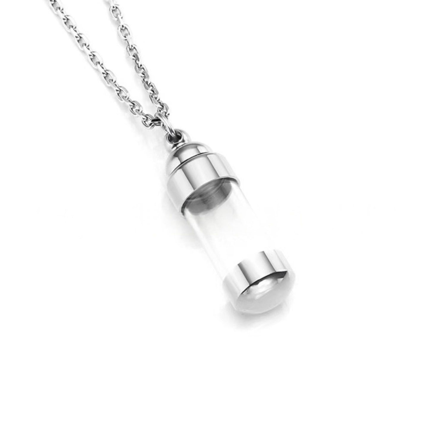 Clear glass tube stainless steel memorial pendant necklace shown in silver finish, minimal keepsake design