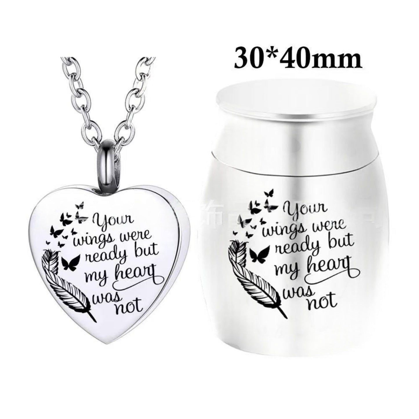 Silver mini pet keepsake urn with engraved feather and butterflies beside heart cremation necklace pendant