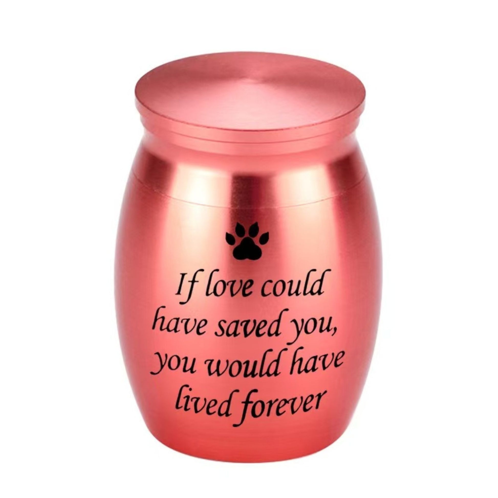 Rose Gold “If love could have saved you…” paw print engraved mini pet memorial urn on white background