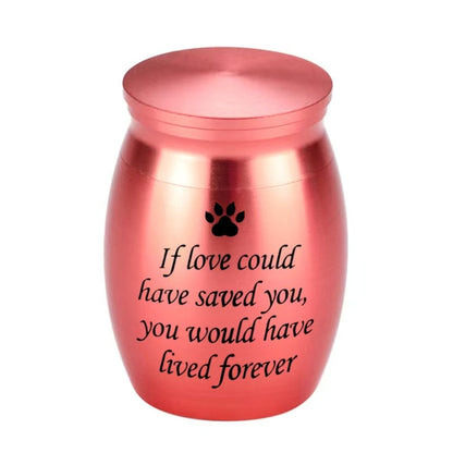 Rose Gold “If love could have saved you…” paw print engraved mini pet memorial urn on white background